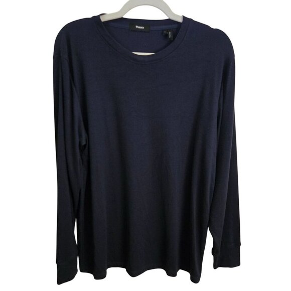 Theory Long Sleeve Tee Shirt Navy Recycled Polyester Blend Size L - Picture 2 of 6